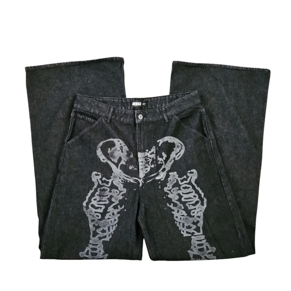 Minga London Bones Black Washed Denim Jeans Skeleton Print Wide Baggy Leg SZ 36 - Picture 7 of 16